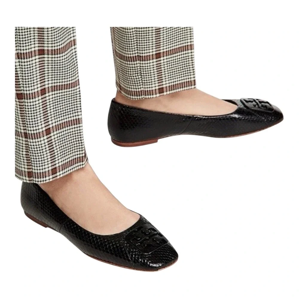 Tory Burch Georgia Black Croc Embossed Leather Square Toe Ballet Flats Career 8M
